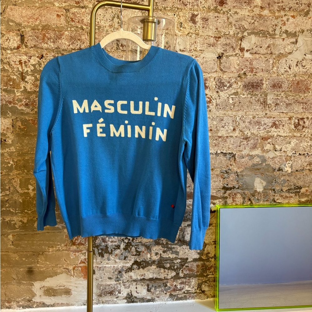 Clare V Blue Crew Neck Sweater with Bold Text